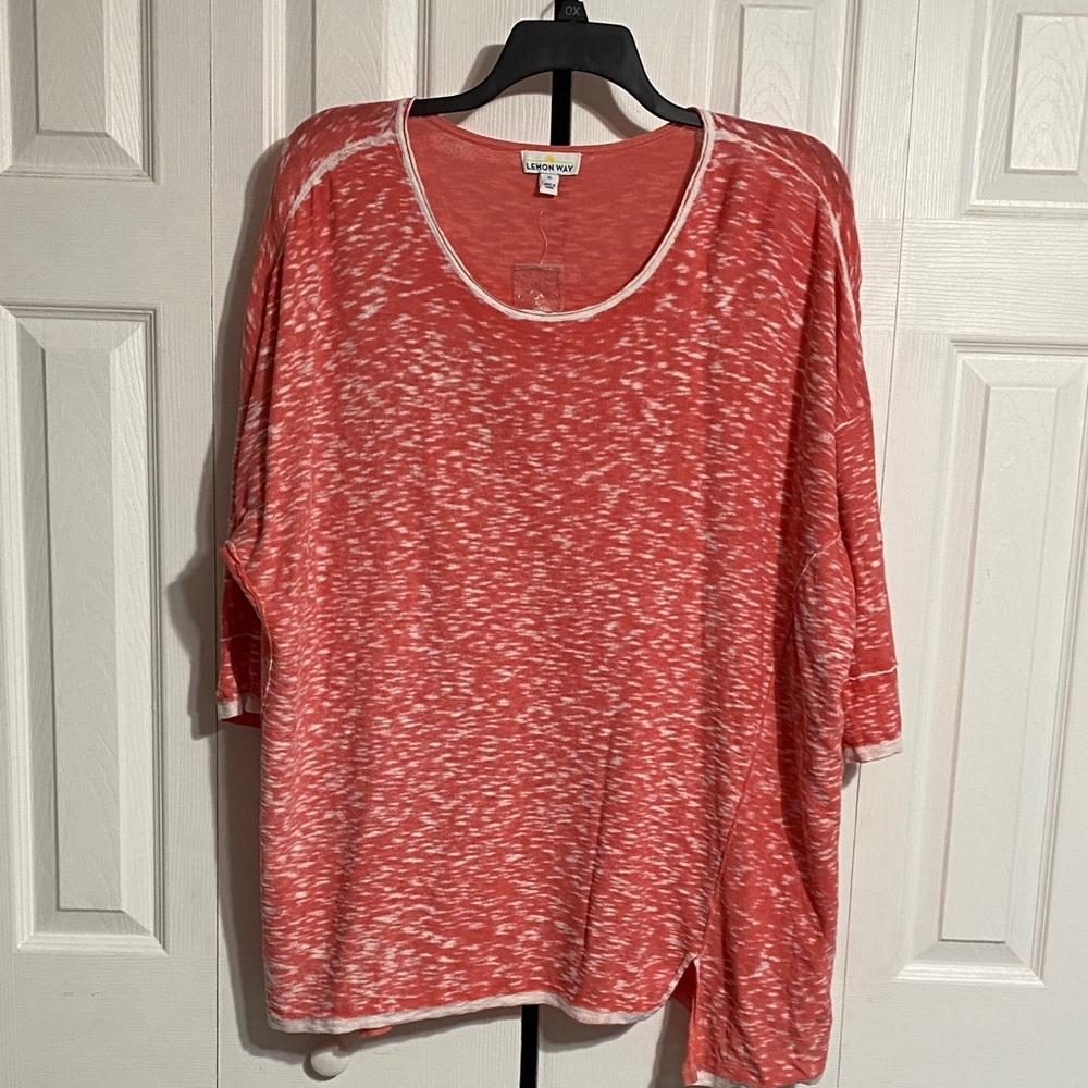 Lemon Way casual cotton linen dusty peach & white knit tunic top shirt size XL